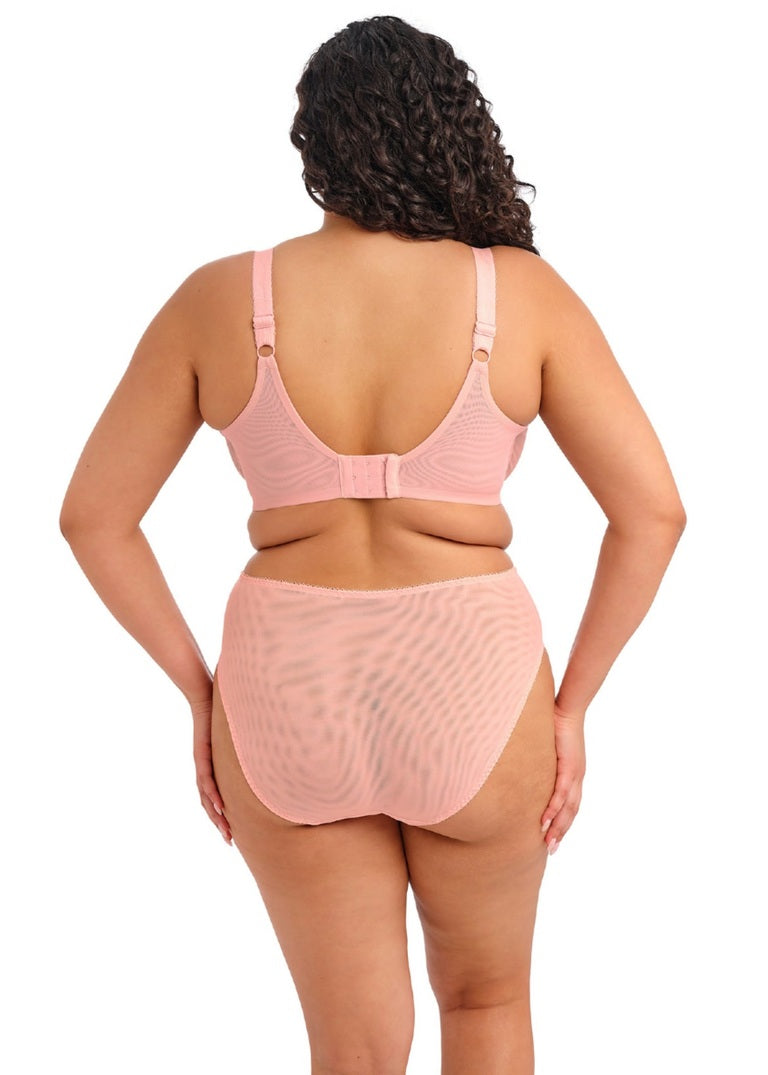 Pink lace bra and matching high leg brief set featuring delicate lace fabric in a feminine design