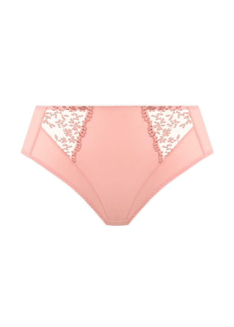 Pink zarla high leg brief with high-waisted fit and delicate white floral lace panels on the sides