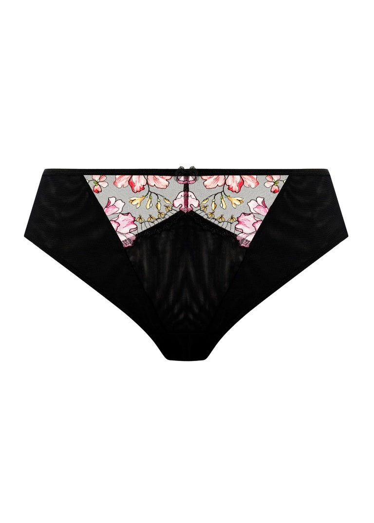 Teagan high-leg brief in black lace with pink yellow floral front