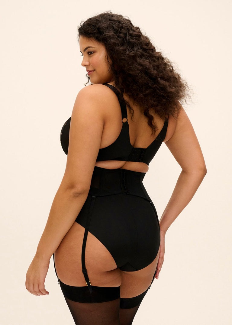 Black plus-size body shaper Lyriana suspender with adjustable straps and garter belt design for shaping and support