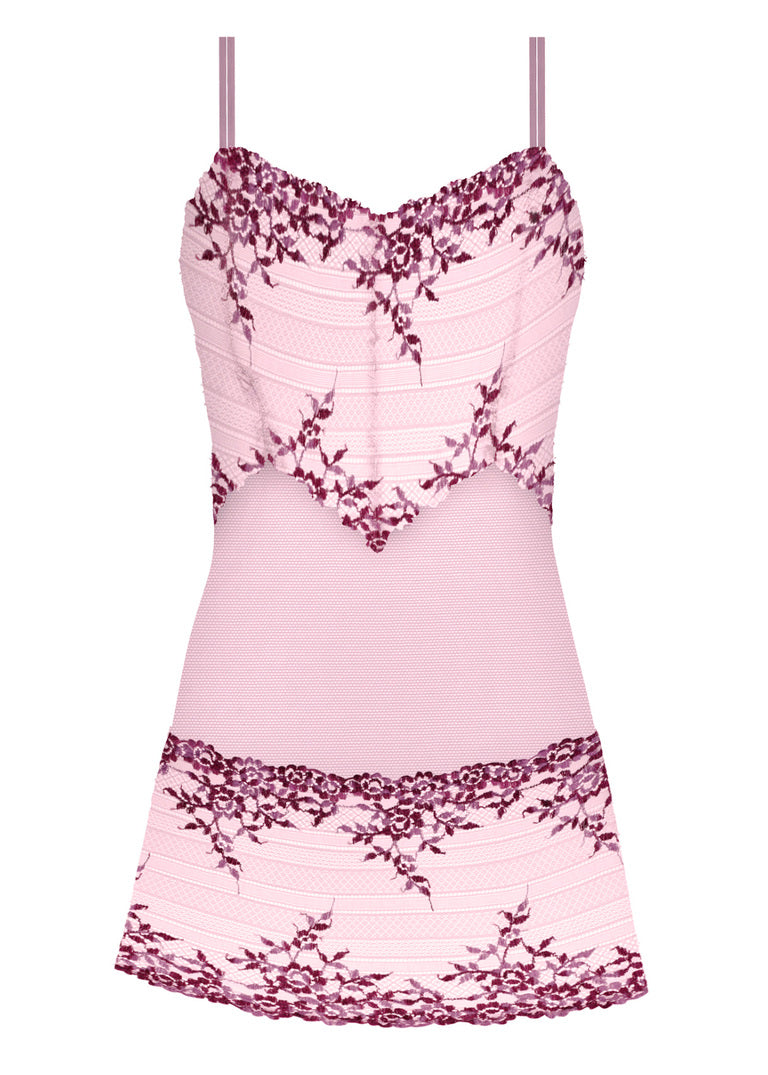 Embrace Lace Chemise: pink camisole with burgundy floral lace trim