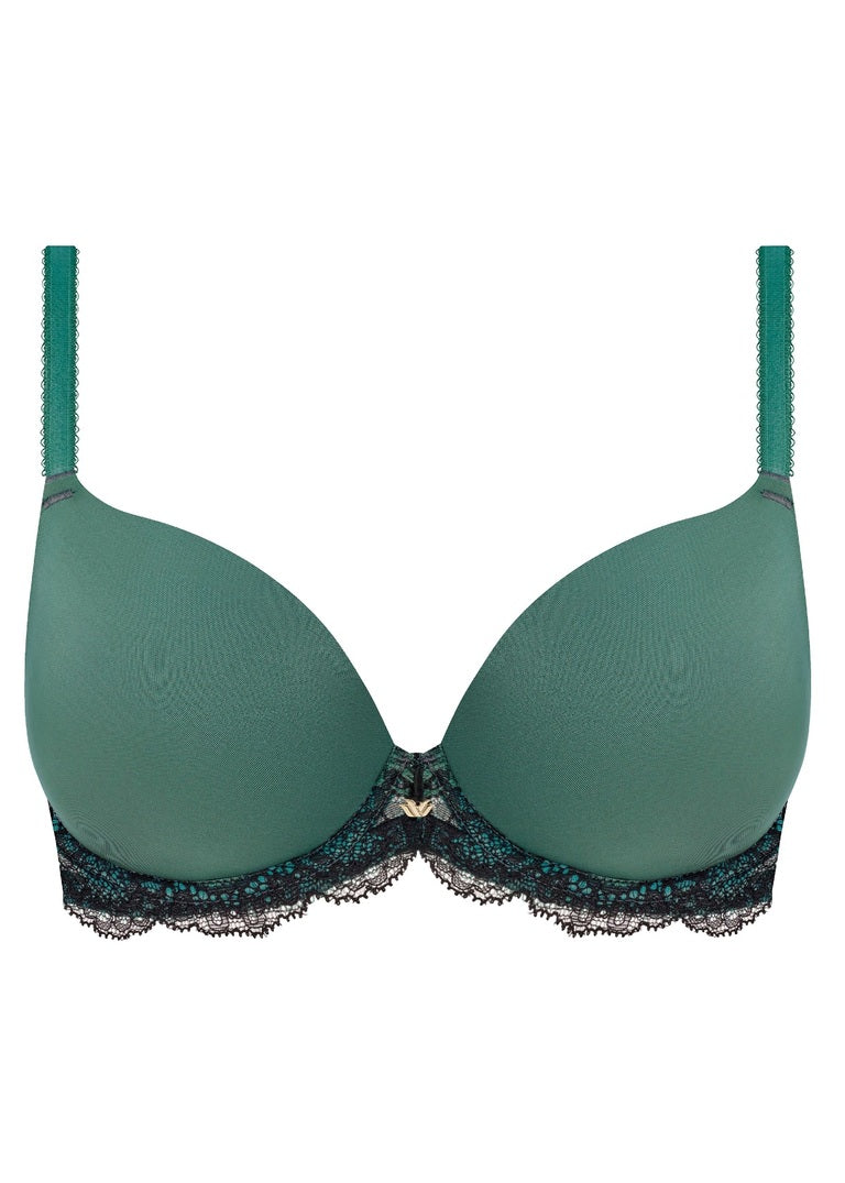 Teal modern affair contour bra with underwire and delicate black lace trim along the bottom edge and matching straps