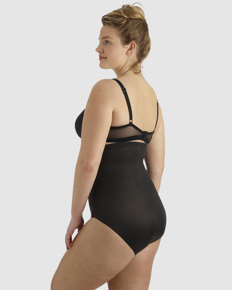 Black hi-waist brief shapewear bodysuit with sheer mesh straps