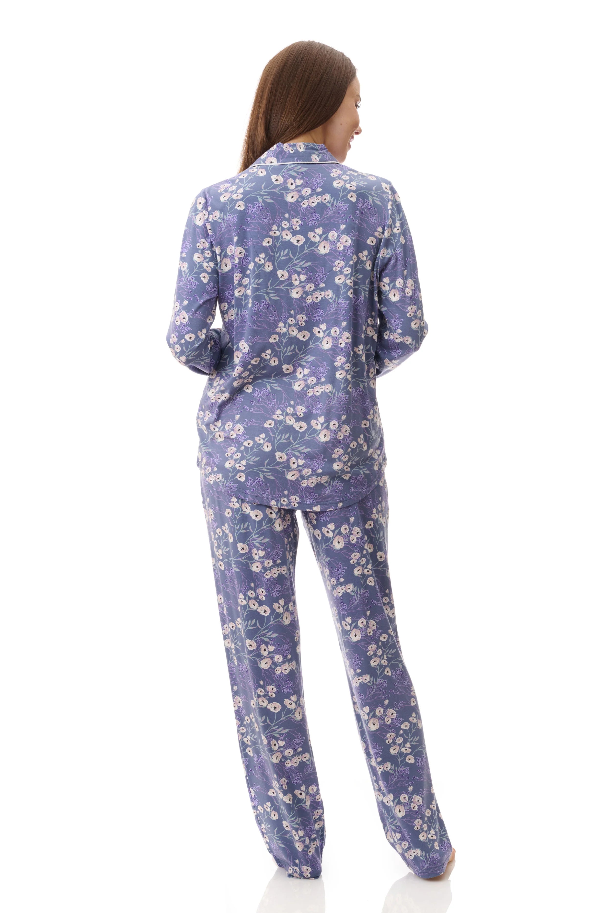 Elaine pyjama purple floral set with soft silky texture and delicate white blossoms on comfortable sleepwear fabric