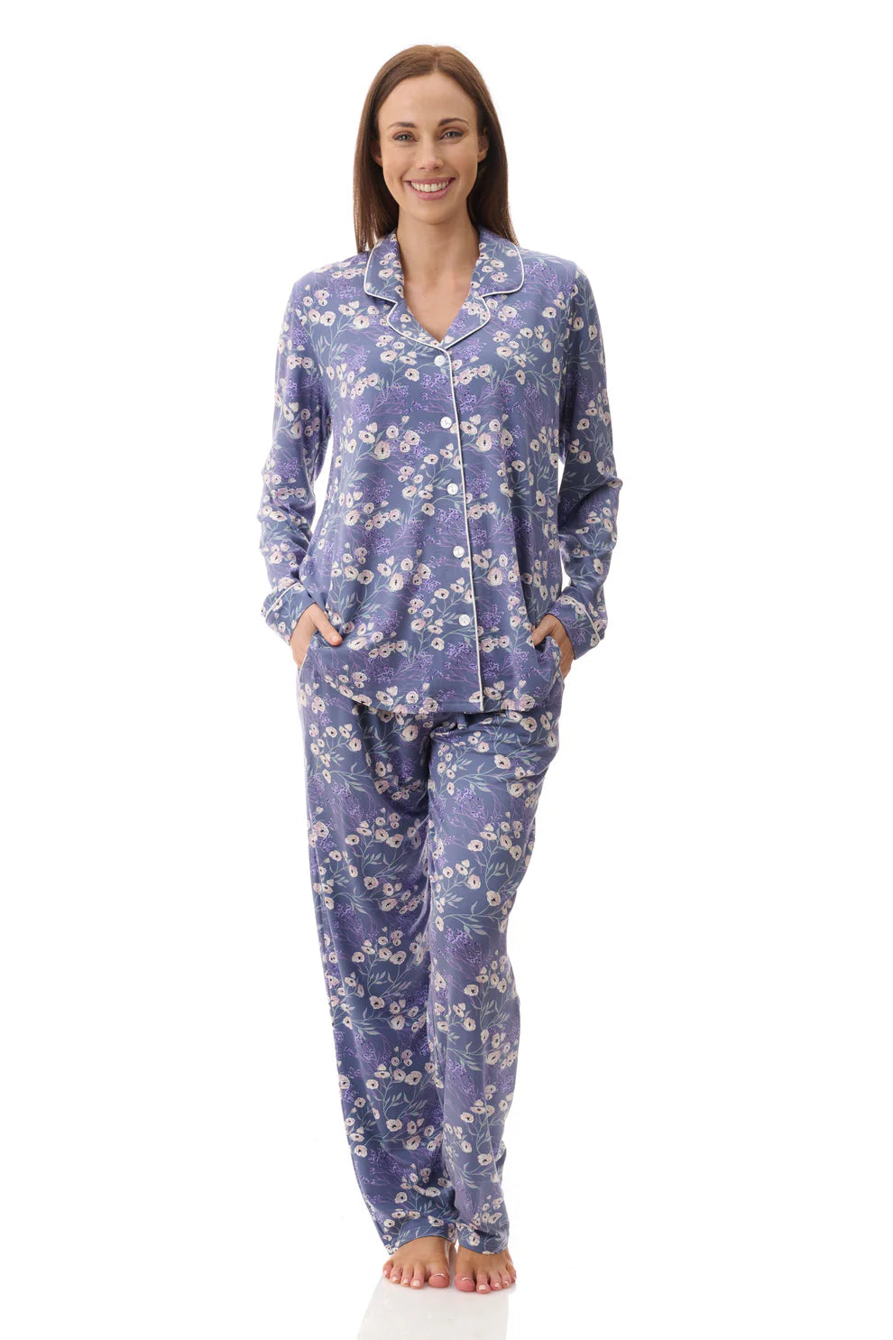 Elaine pyjama purple floral set with button-front top made of soft plush fabric for comfortable sleepwear