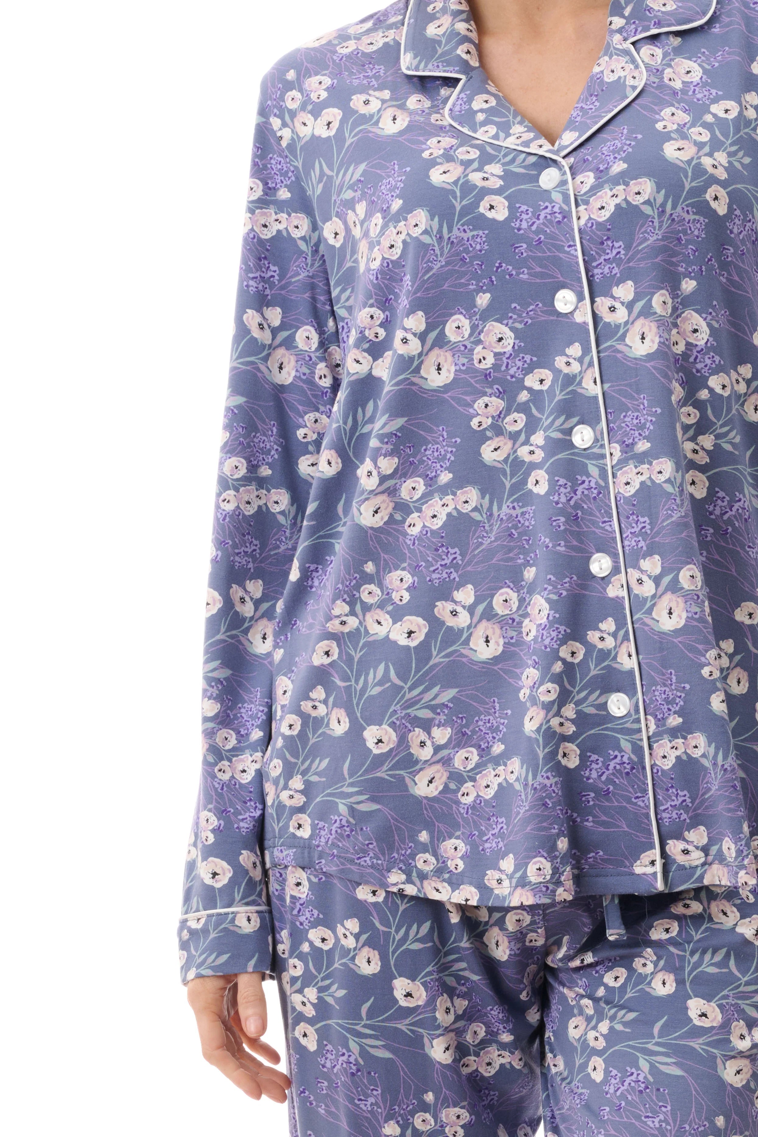 Purple floral elaine pyjama top with white piping and matching buttons in soft breathable fabric for comfortable sleepwear