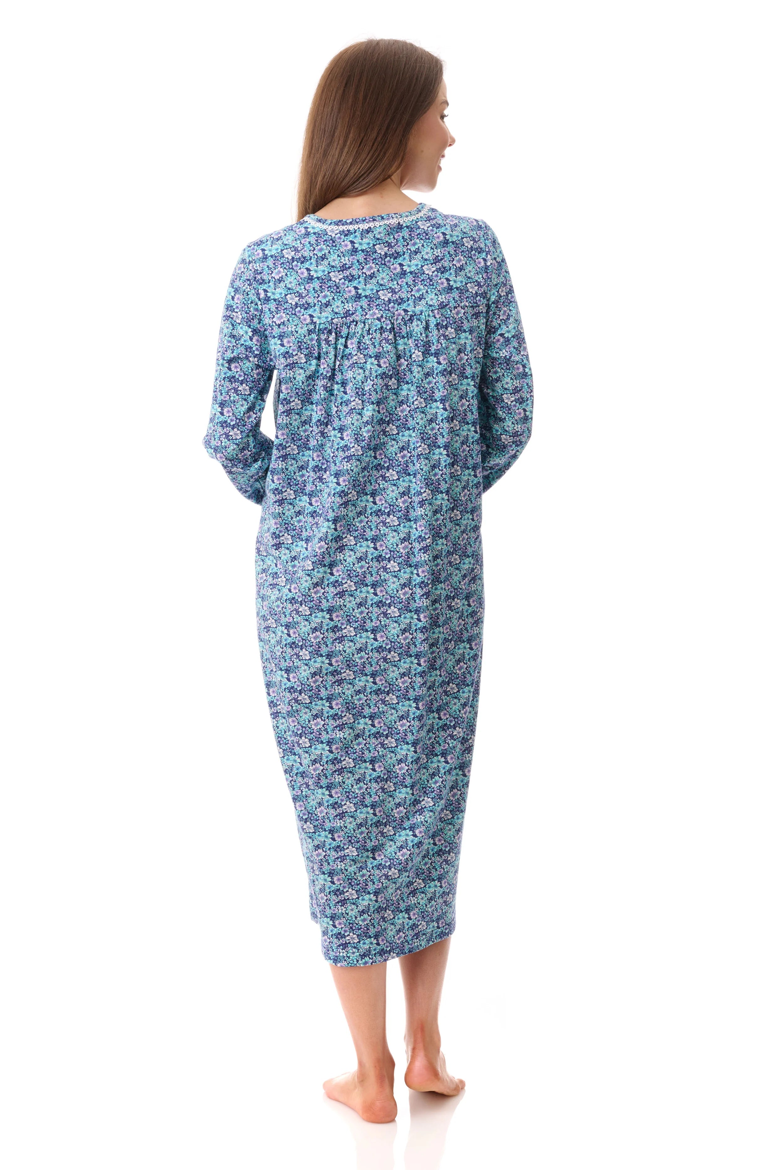 Jada mid nightie long-sleeved knee-length nightgown in soft blue fabric with delicate floral pattern