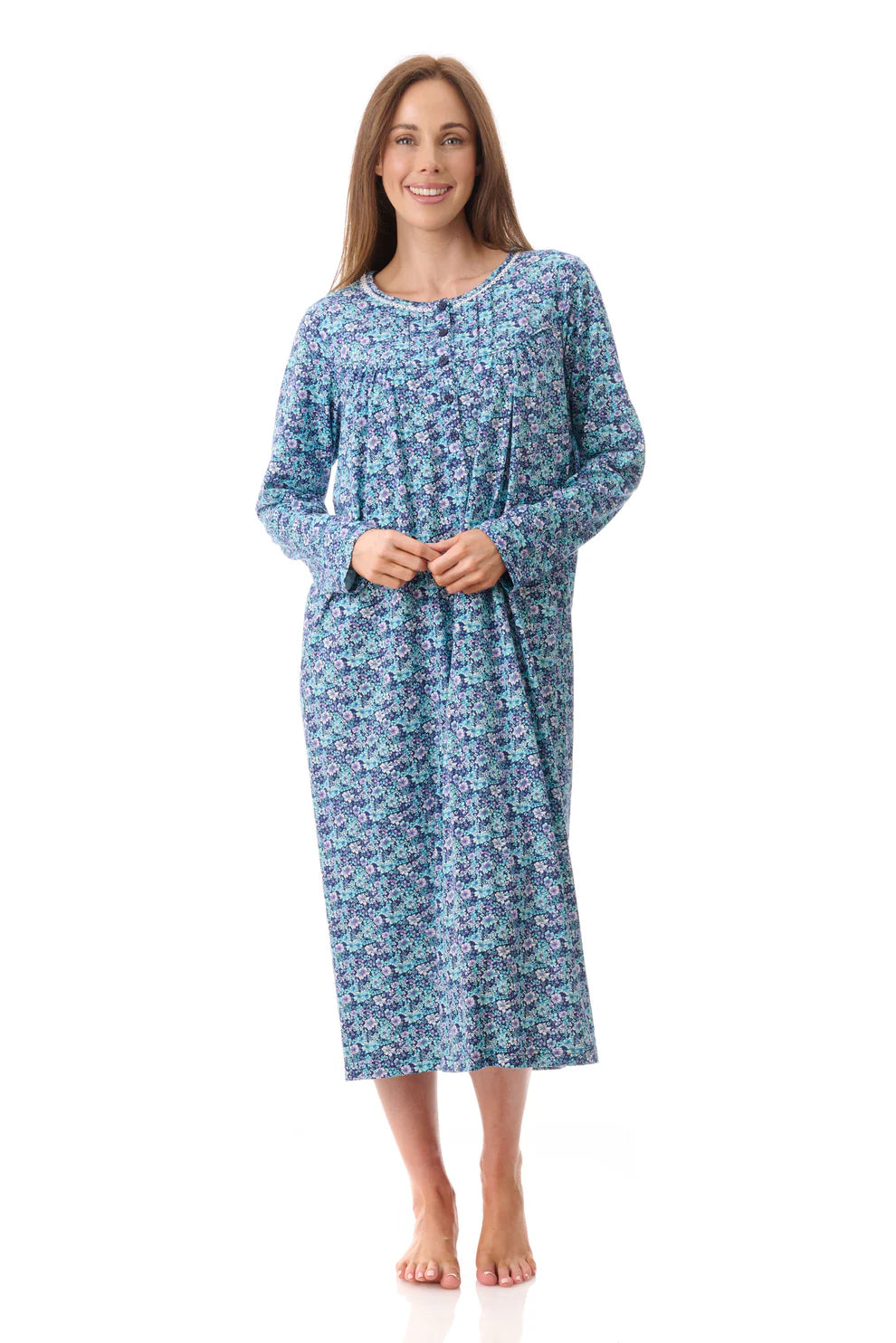 Jada mid nightie long-sleeved knee-length nightgown in soft blue fabric with delicate floral pattern