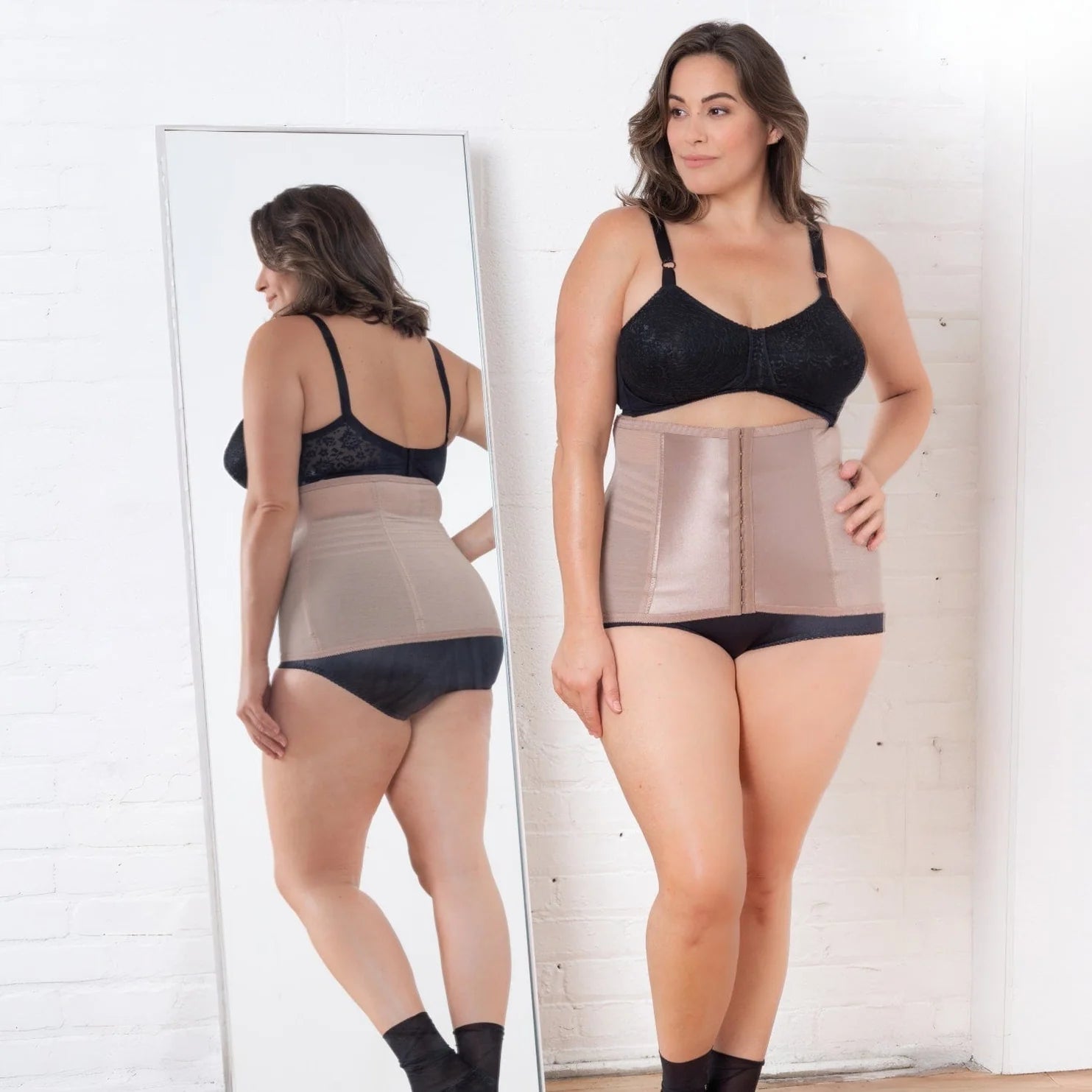 Shapette Waist Cincher: beige satin with black lace trim, adjustable straps