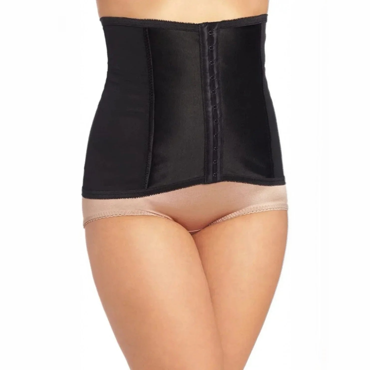 Shapette Waist Cincher black satin corset with button closure and side panels