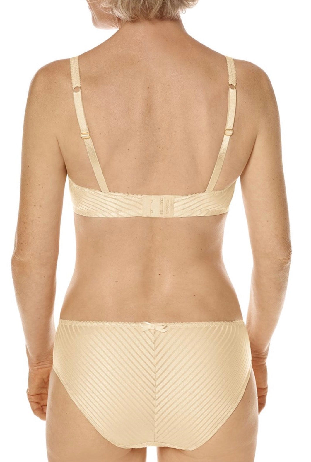 Beige satin karolina padded wire-free bra and matching briefs with diagonal ribbed texture for comfortable wear