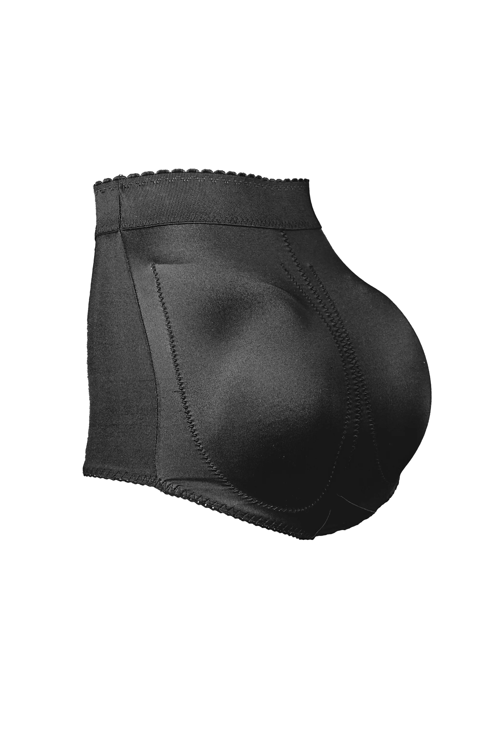 Black satin-like high waist padded panty with glossy finish and subtle stitching