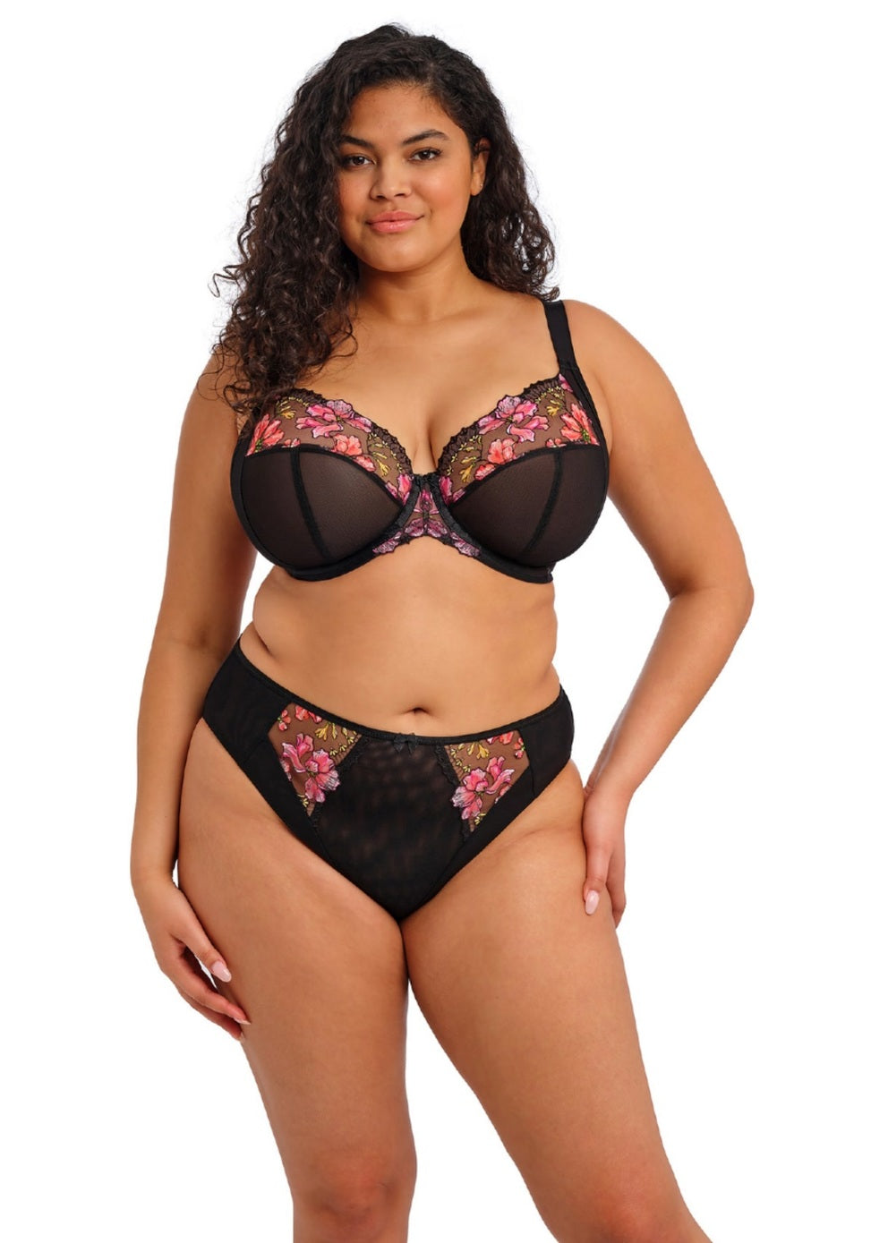 Teagan underwire plunge bra in black lace with pink brown floral embroidery