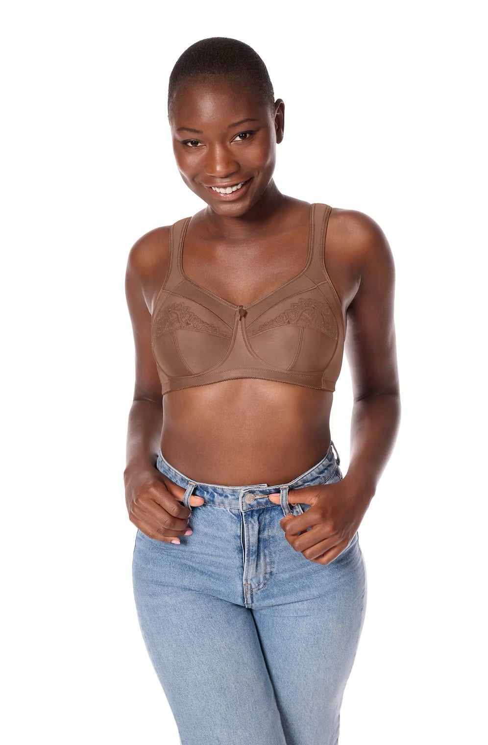 Isadora non-wired bra in brown lace with adjustable straps and supportive design for comfortable wear