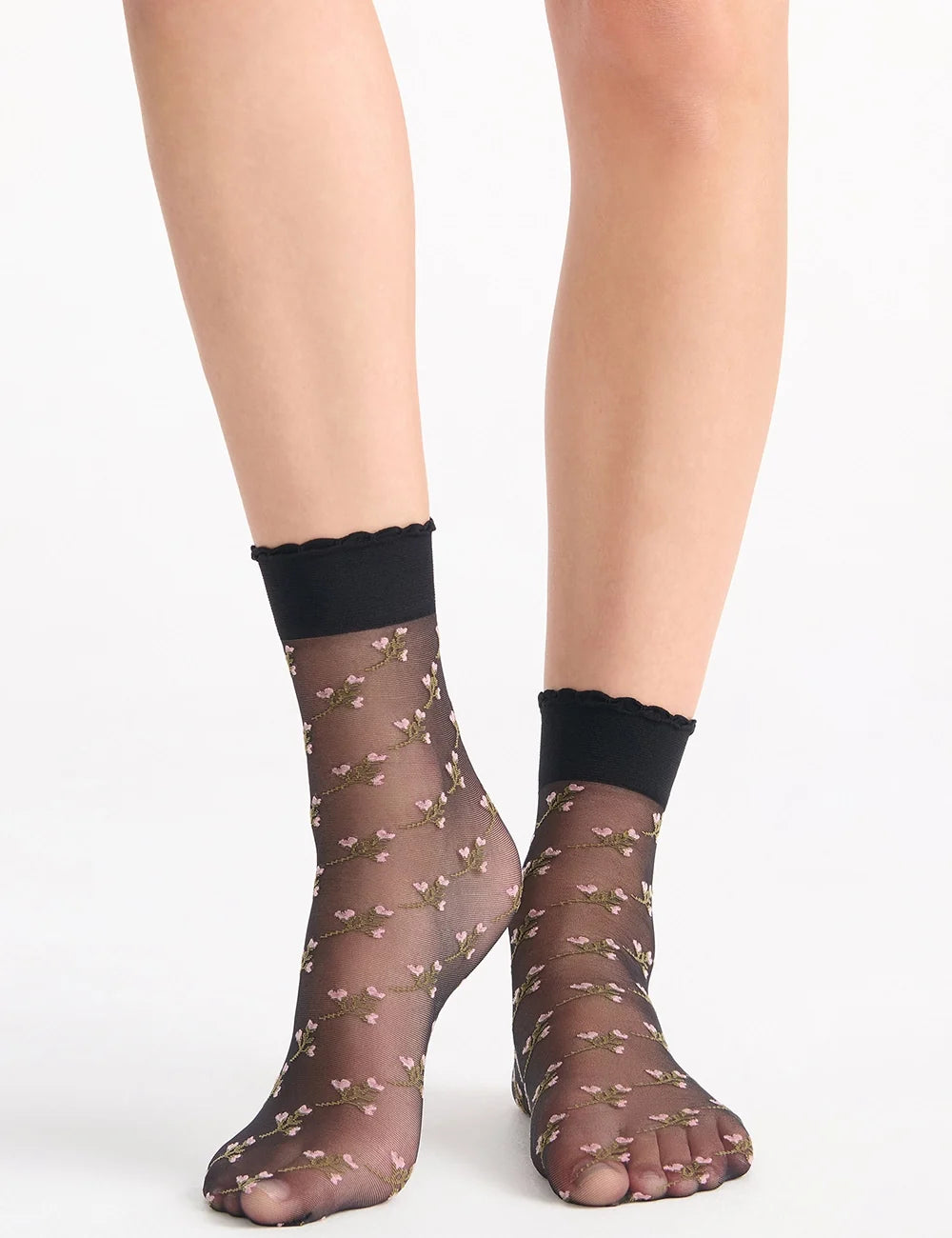 Black sheer bouquet anklet socks with delicate pink and gold floral embroidery and scalloped black cuff
