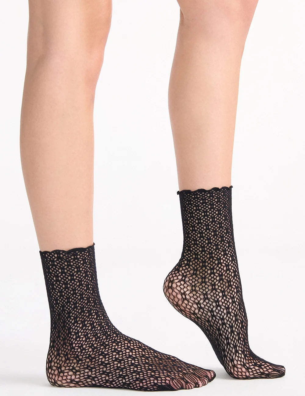 Black lace crochet net anklets with scalloped edge and delicate mesh pattern for stylish ankle wear