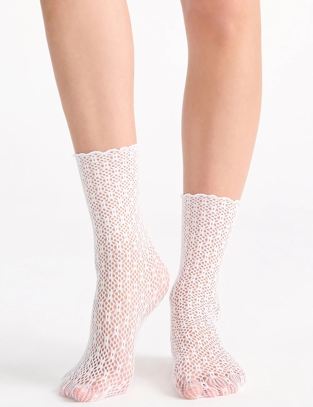 White crochet net anklets with lace scalloped edge and delicate mesh pattern ankle socks