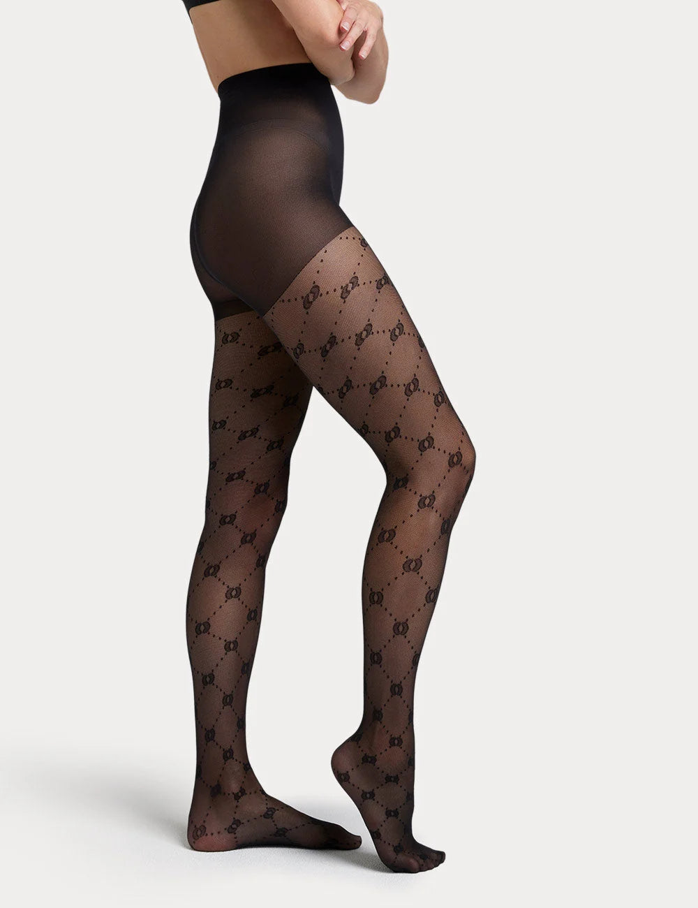 Black sheer diamond tulle tights with brown interlocking gg logo pattern in a repeating design