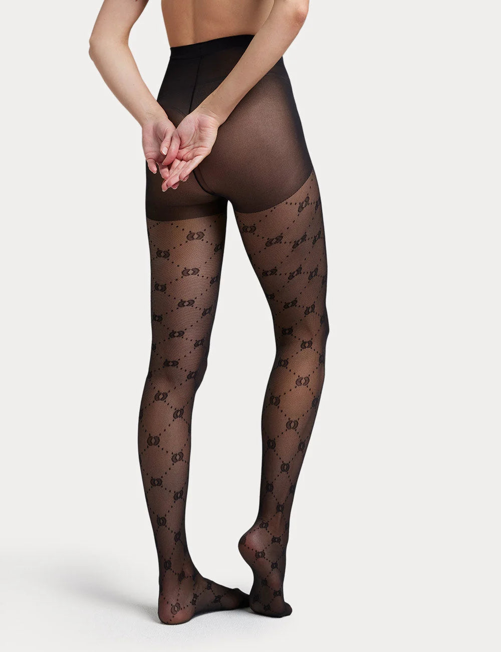 Black sheer diamond tulle tights with repeating gg monogram pattern in lightweight sheer material