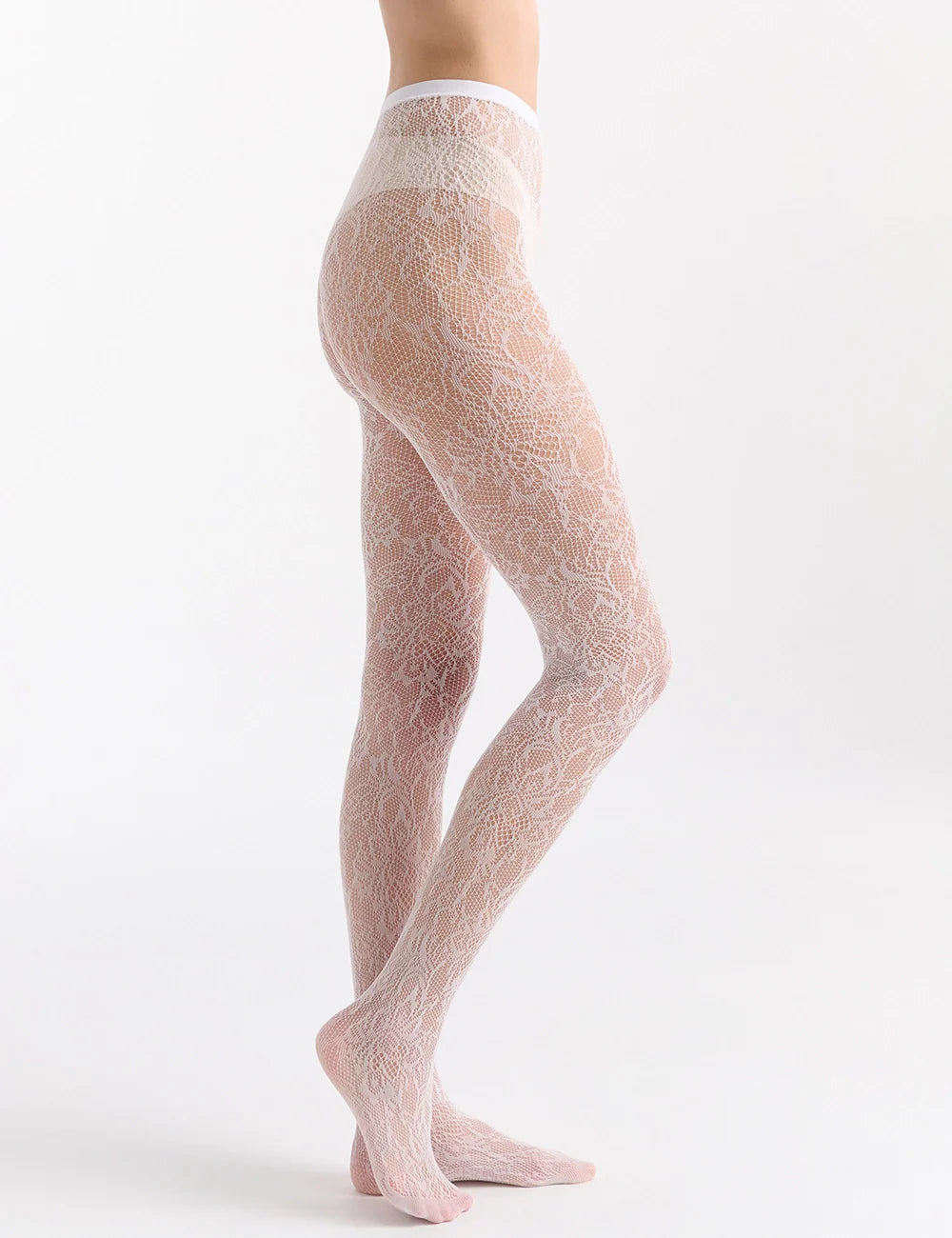 Pink Lace Illusion Tights with floral pattern and white waistband