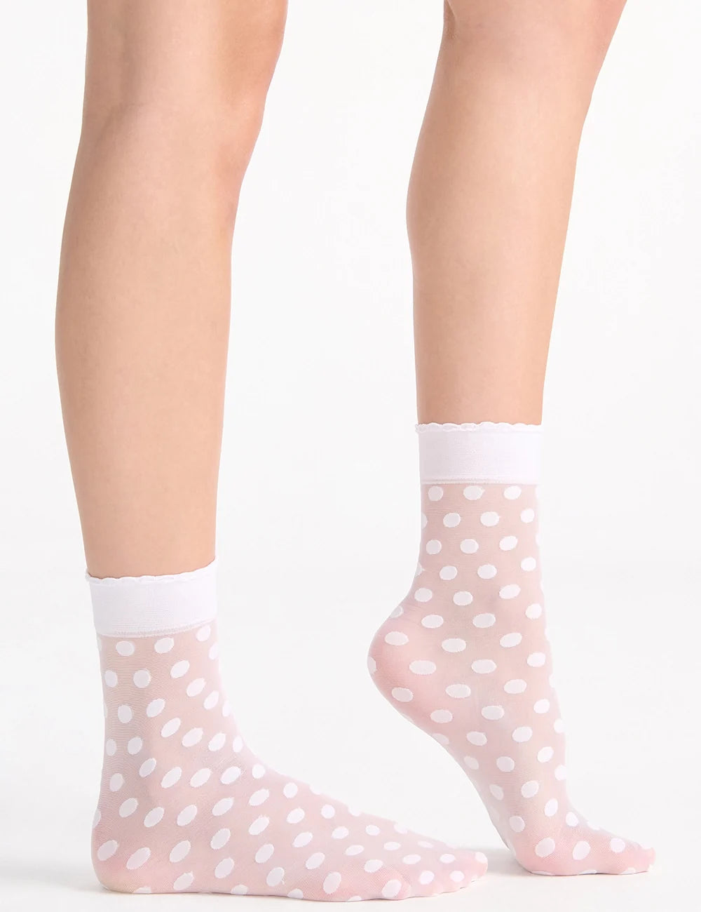 Pink sheer ankle socks with white polka dots and solid white ribbed cuff from polka dot anklets collection