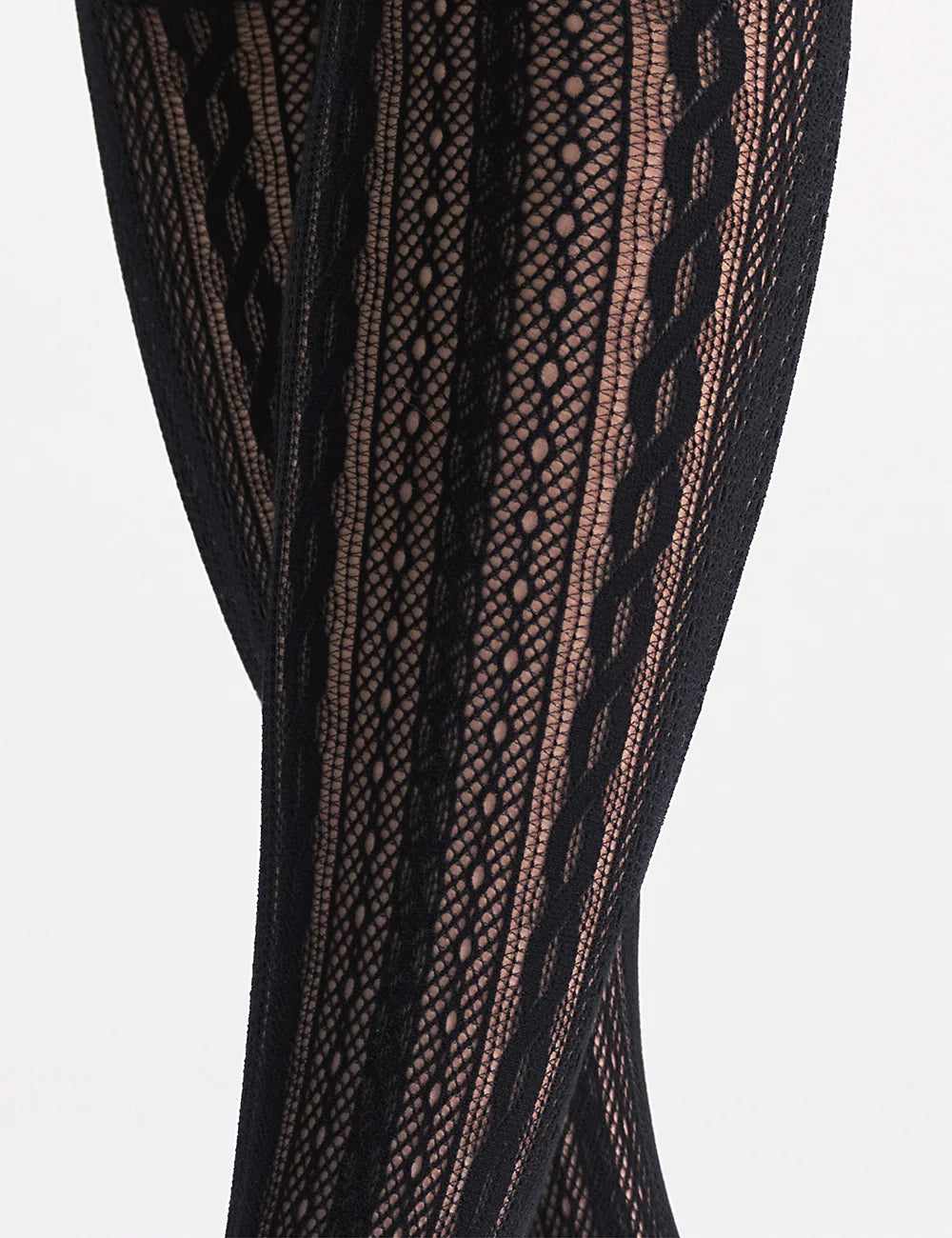 Black lace tights with cable-knit and dot patterns in Lace Net Knee High