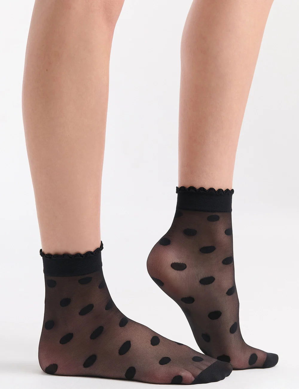 Spotted Scallop Anklet: black sheer ankle socks with scalloped cuff, polka dots