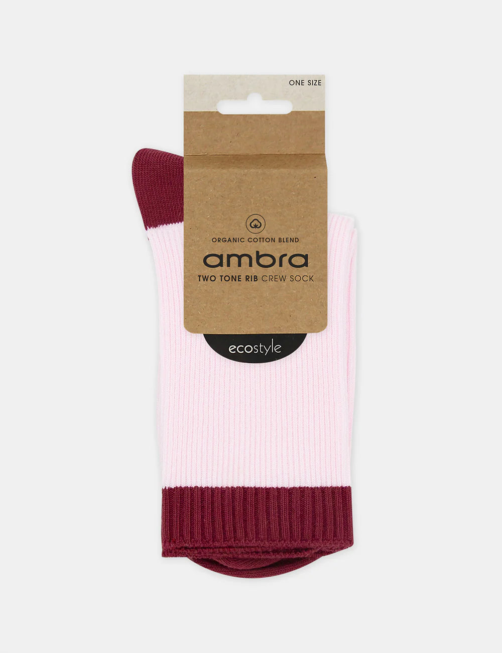 Organic cotton rib crew sock in pink and maroon two-tone