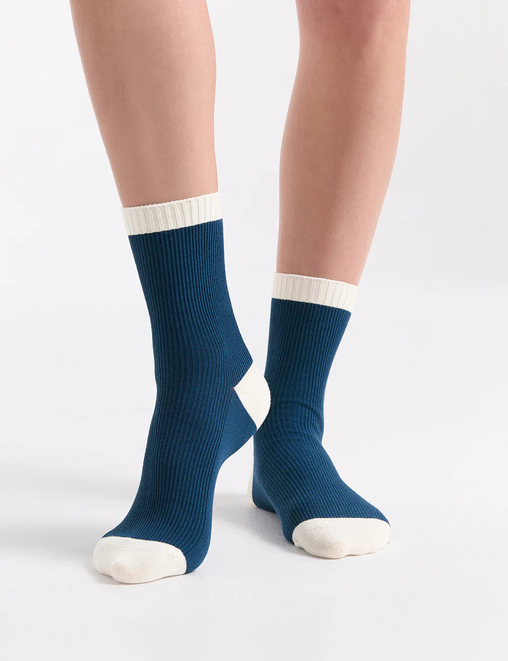 Organic Cotton Rib Crew Sock in deep blue with white toe and cuff accents