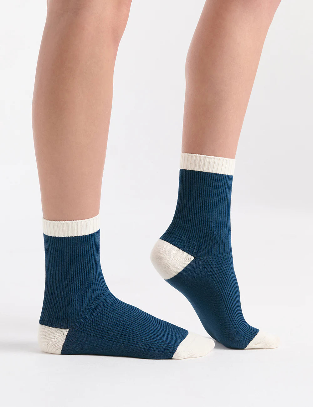 Organic cotton rib crew sock in deep blue with cream toe and cuff