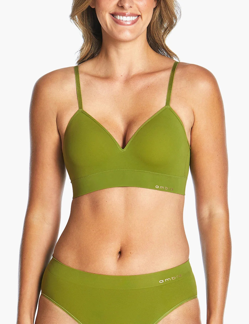 Olive green seamless bra and matching briefs set by amaro bondi bare longline in smooth fabric for comfortable wear