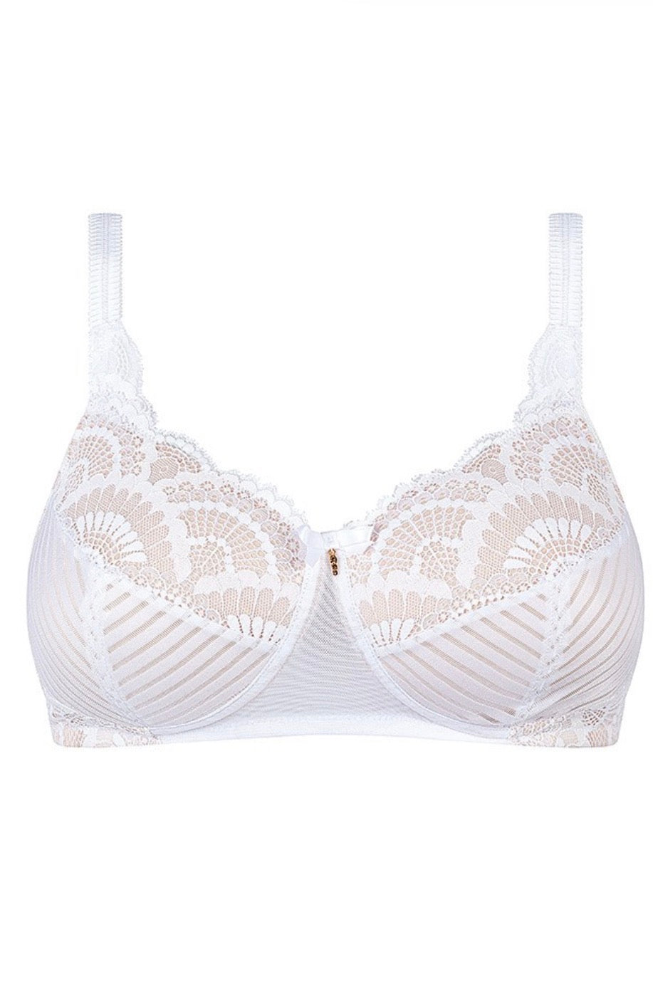 White lace karolina padded wire-free bra with delicate fan-patterned embroidery and supportive underwire cups