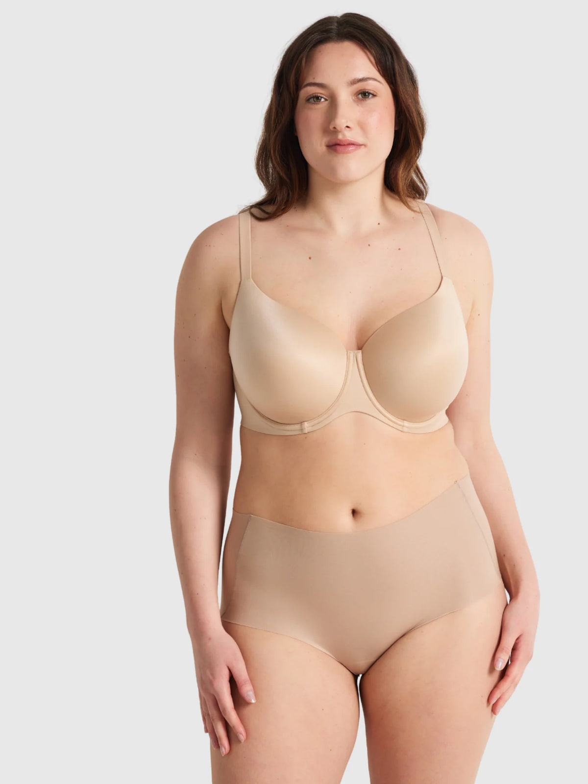 Beige seamless underwire bra with thin straps and matching high-waisted briefs from Body Smart waisted brief collection