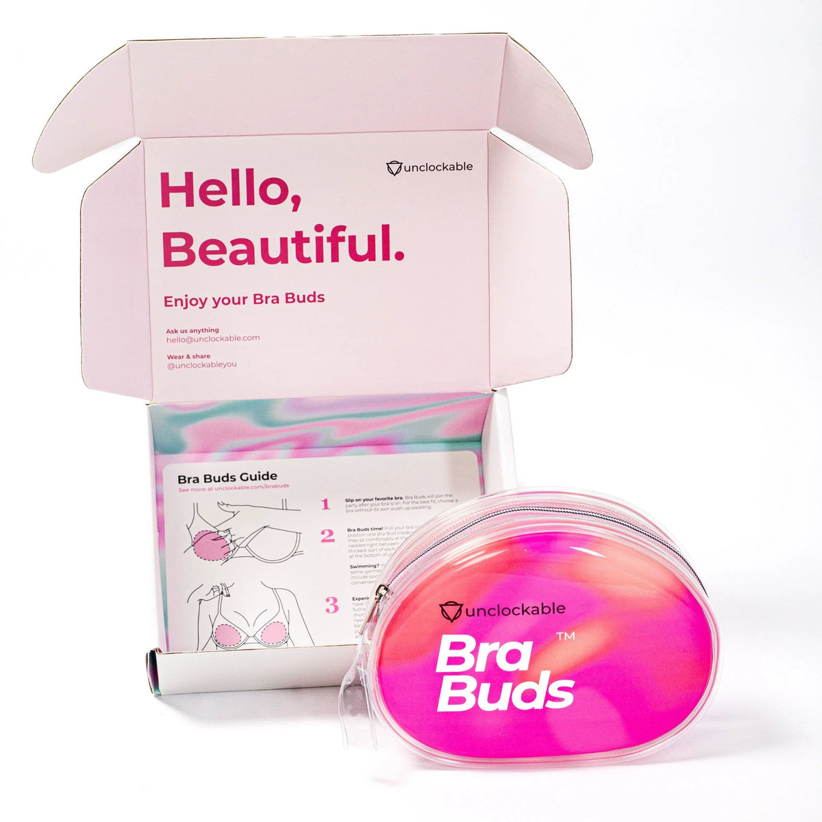 Pink translucent oval pouch with bra buds branding and zipper closure for storing unclockable bra buds