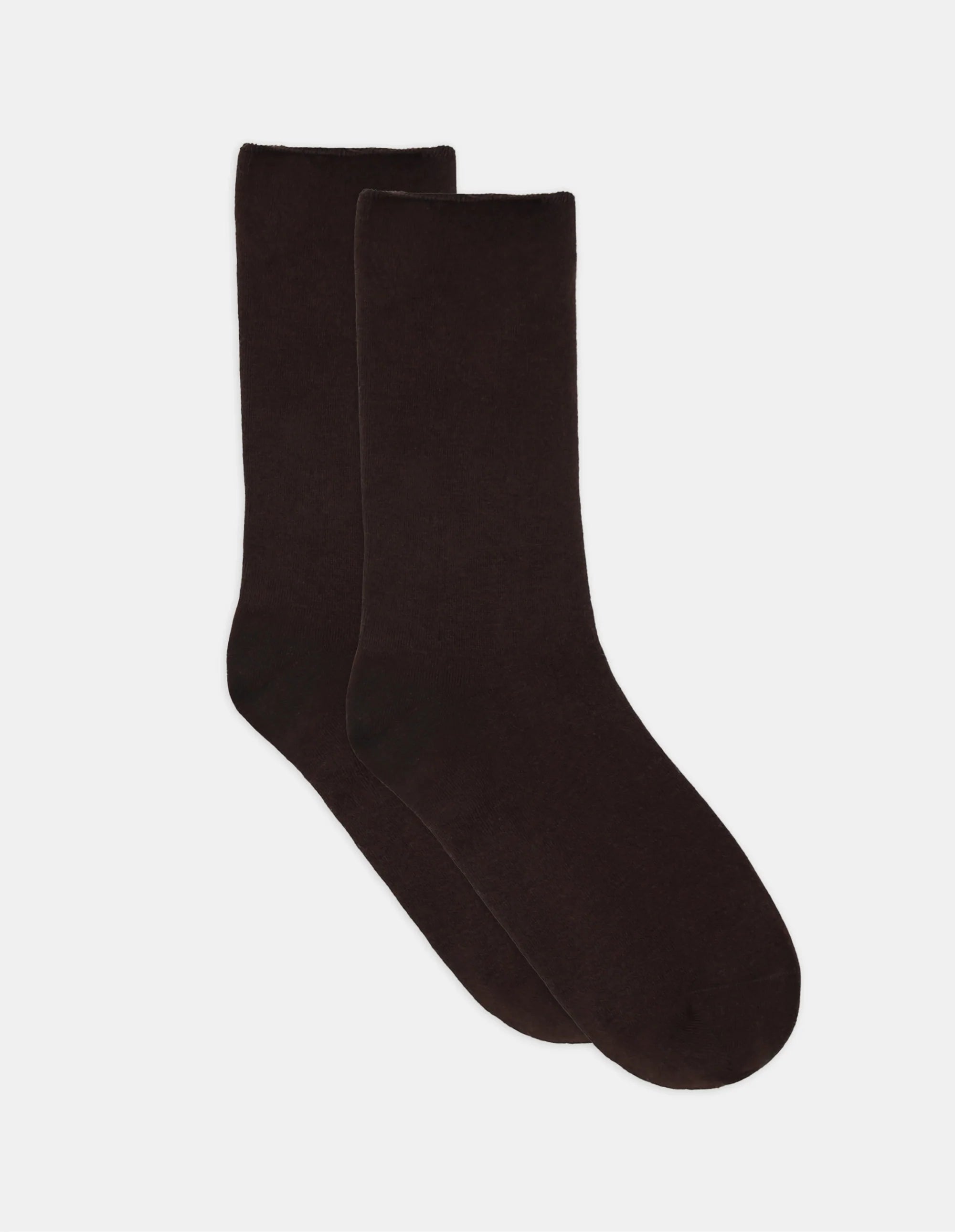 A pair of solid black comfort top crew socks with plain cuffs and smooth knit texture