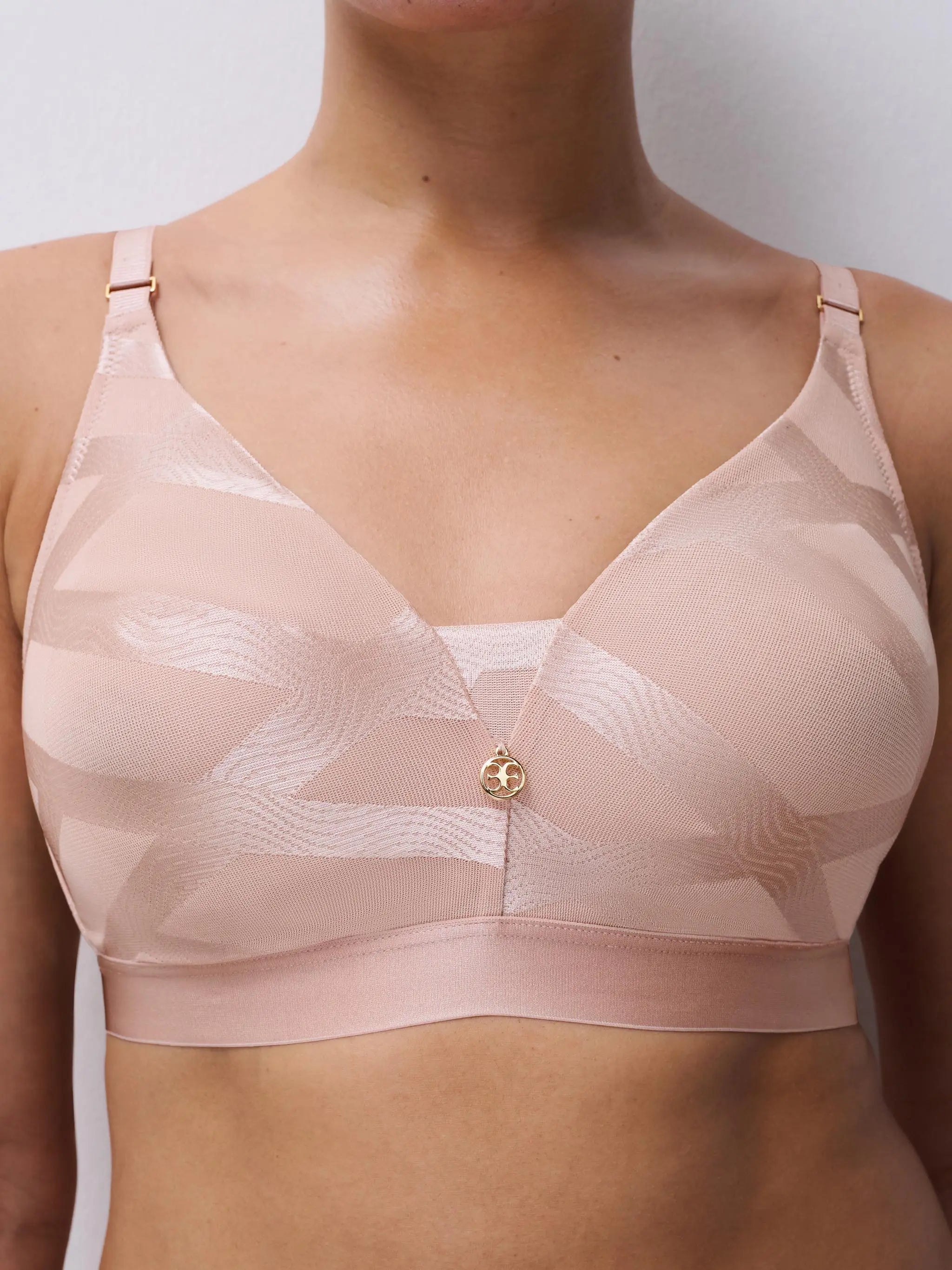 Glaze Non-Wired Bra in blush pink with geometric pattern and gold hardware