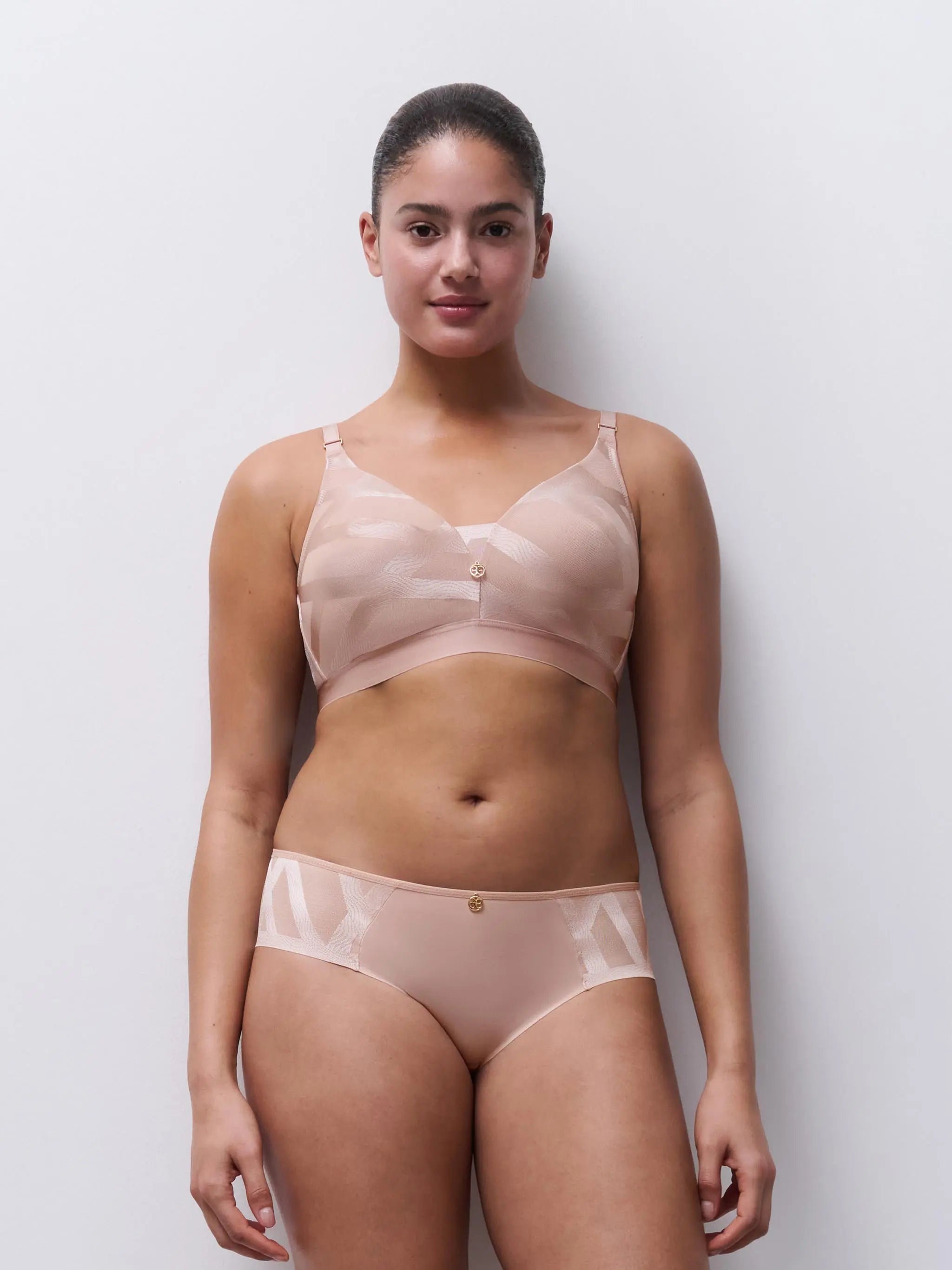 Glaze Non-Wired sheer nude bra and high-waisted panties with geometric pattern