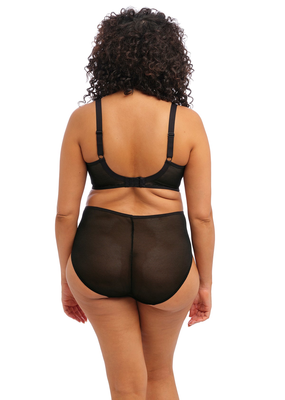 Back view of Kintai Plunge Bra with black mesh briefs, thin straps, back closure