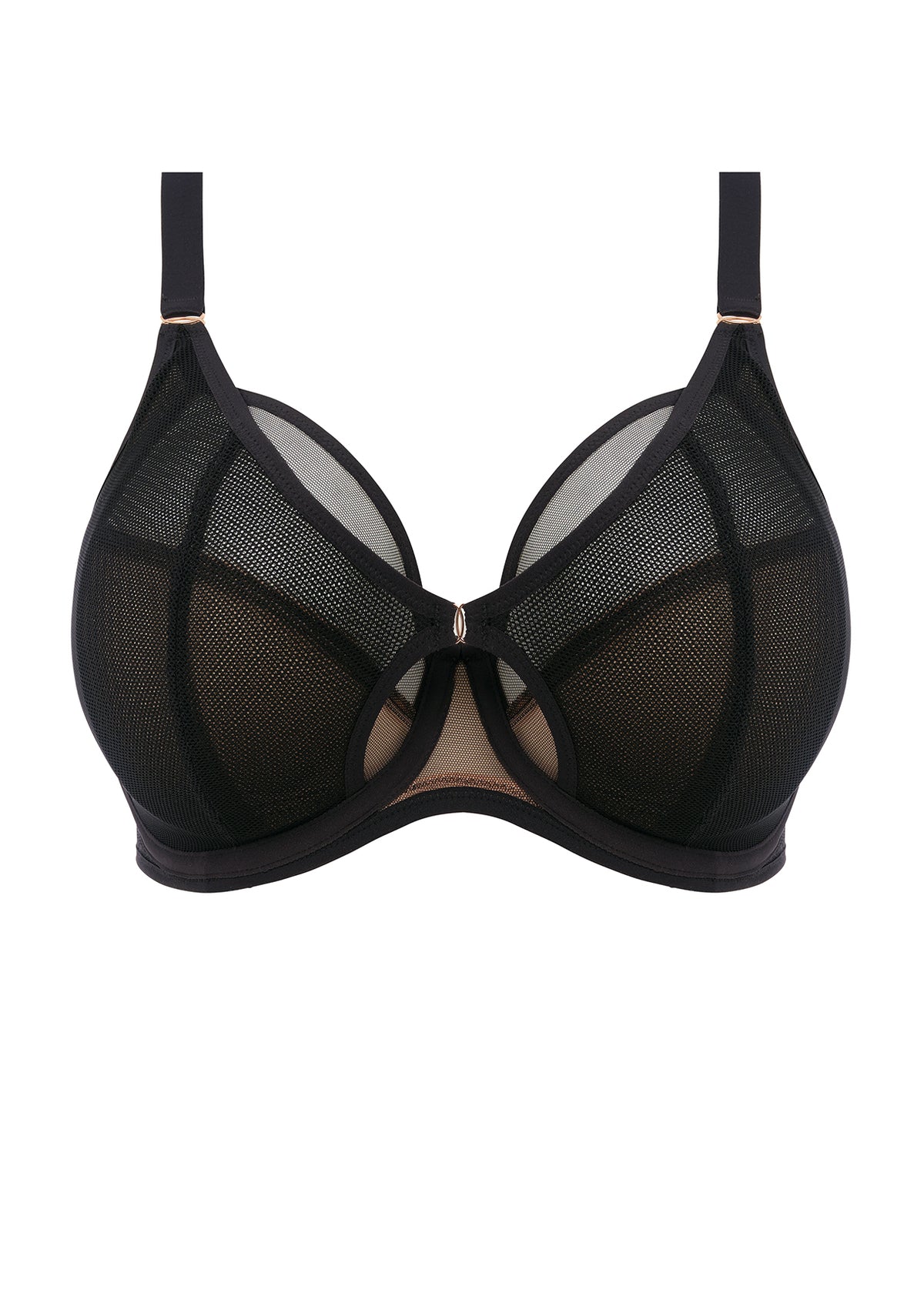 Kintai Plunge Bra: black mesh with sleek design and gold hardware