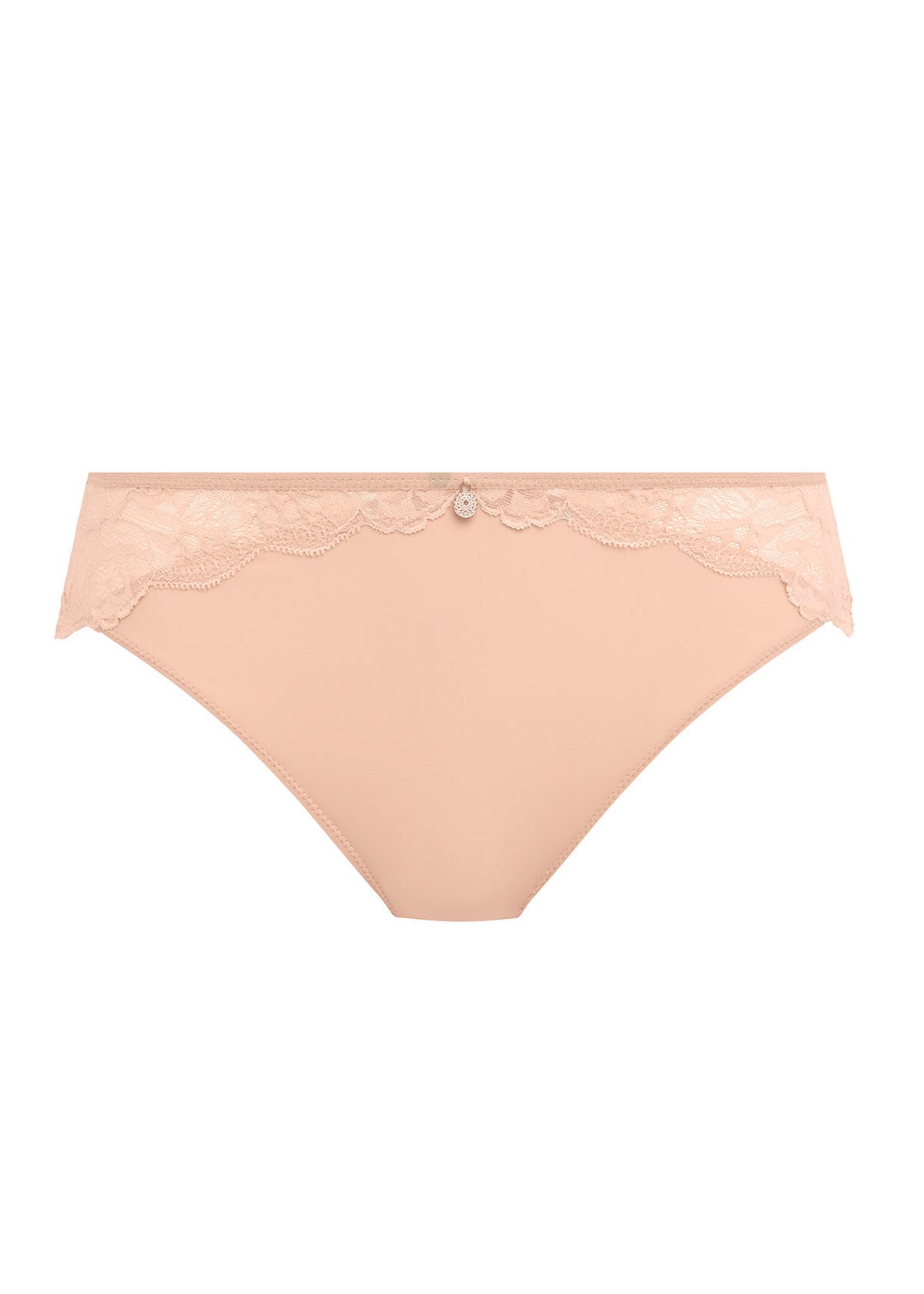 Blush pink reflect brief lace trimmed briefs with delicate crystal embellishment at the center