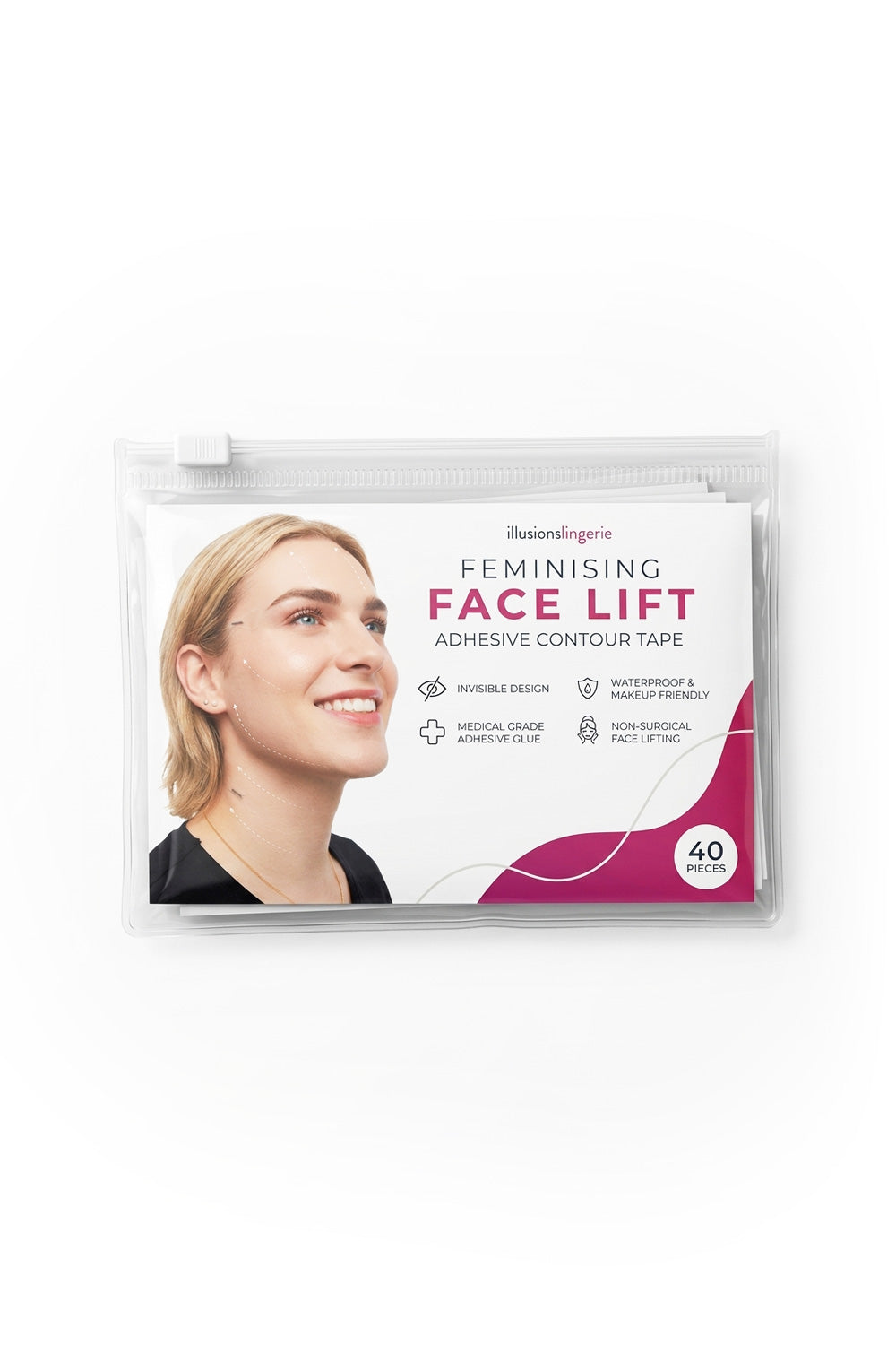 Illusionslingerie face lift tape 40 pack with clear invisible adhesive contour tape and medical grade glue pouch