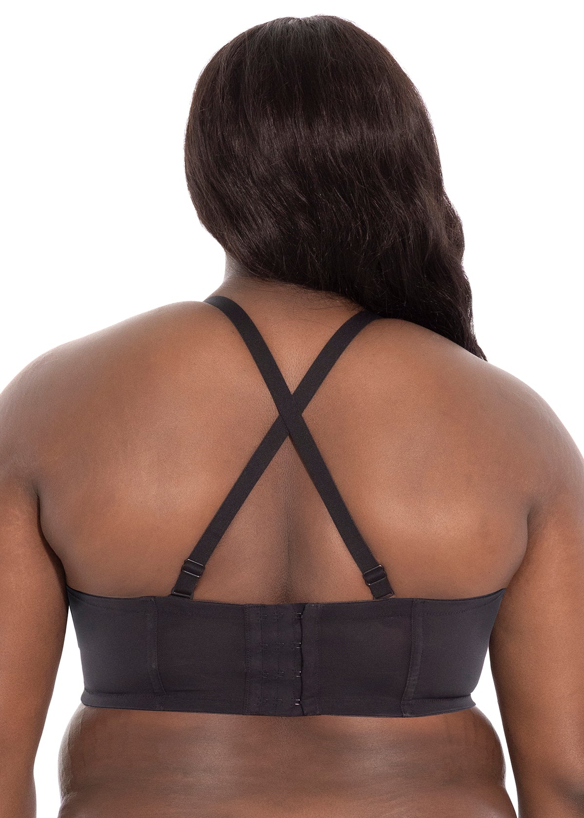 Black verity strapless bra with underwire and crisscross adjustable back straps shown from the back side