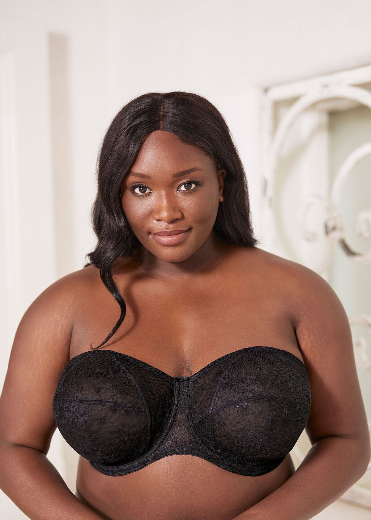 Black lace strapless bra verity strapless bra with seamless molded design for comfortable support and elegant look