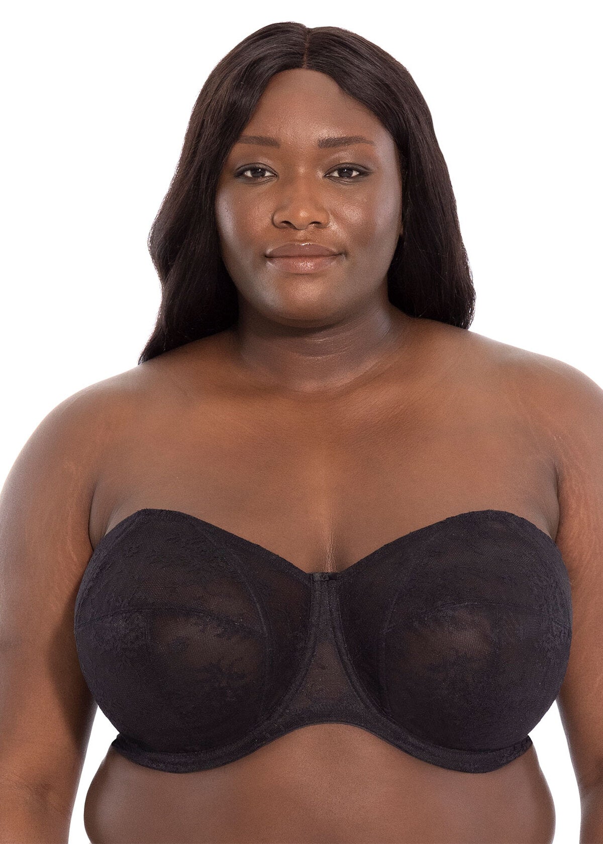 Black lace verity strapless bra with smooth seamless design for comfortable all-day support