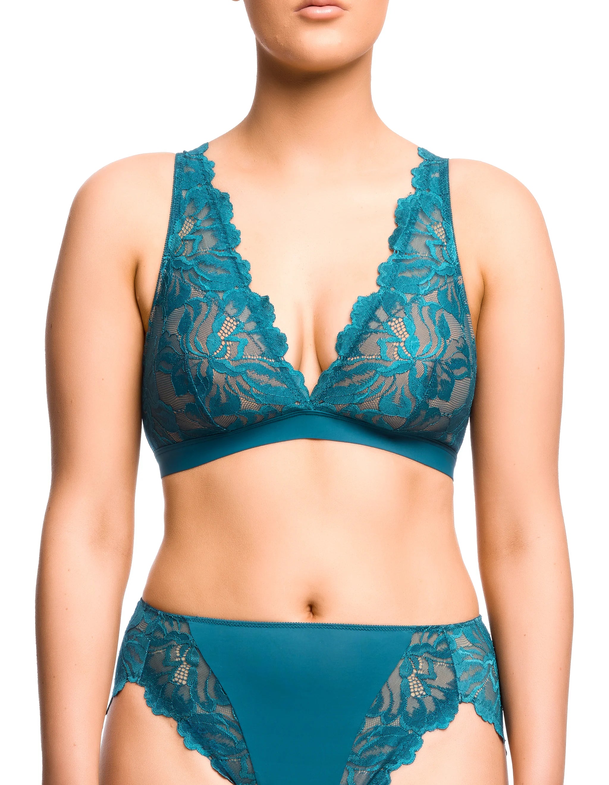 Teal lace Zhara bralette and matching high-waisted panties set featuring delicate floral lace detailing