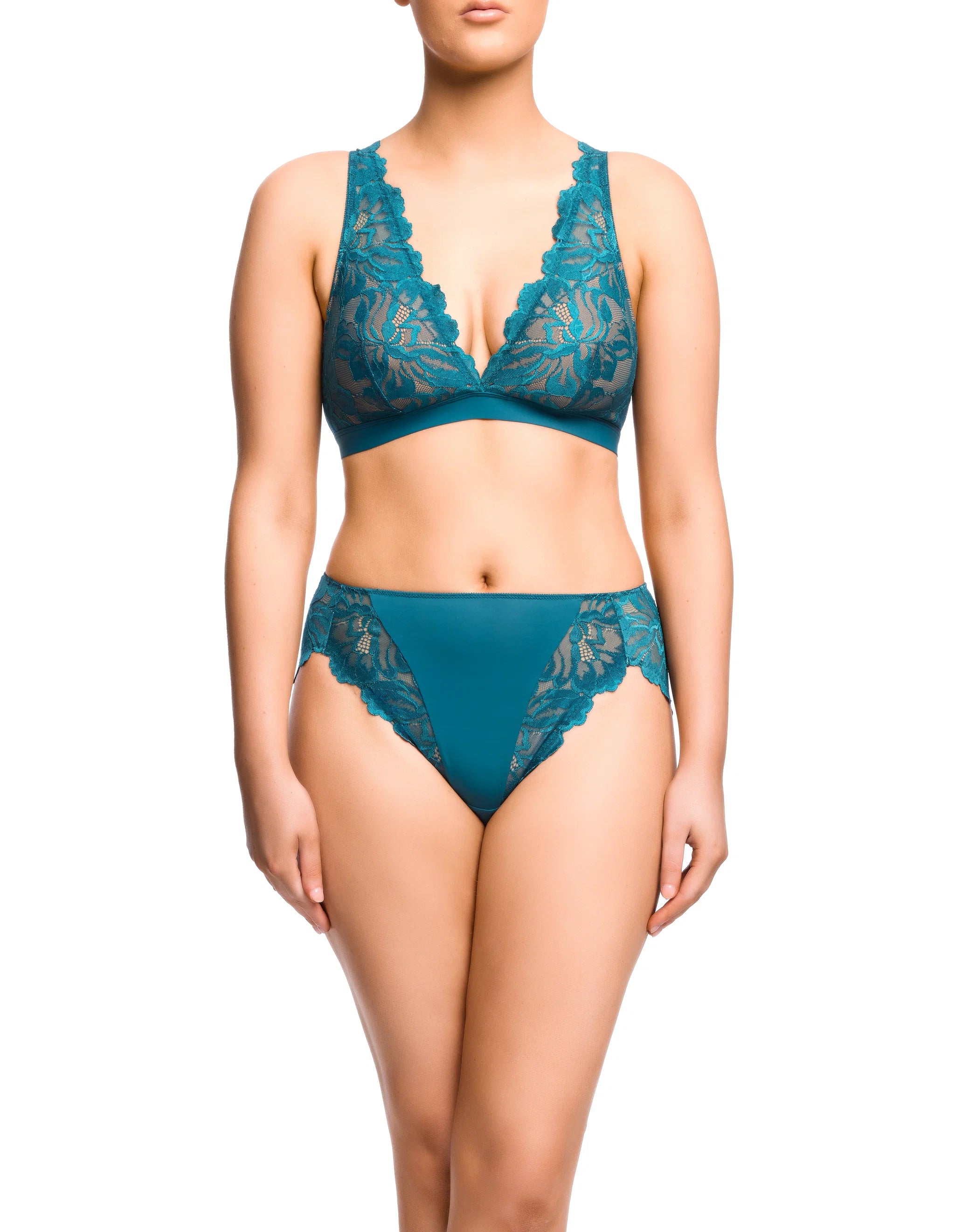 Teal lace zhara bralette and matching high-waisted briefs set featuring delicate floral lace design