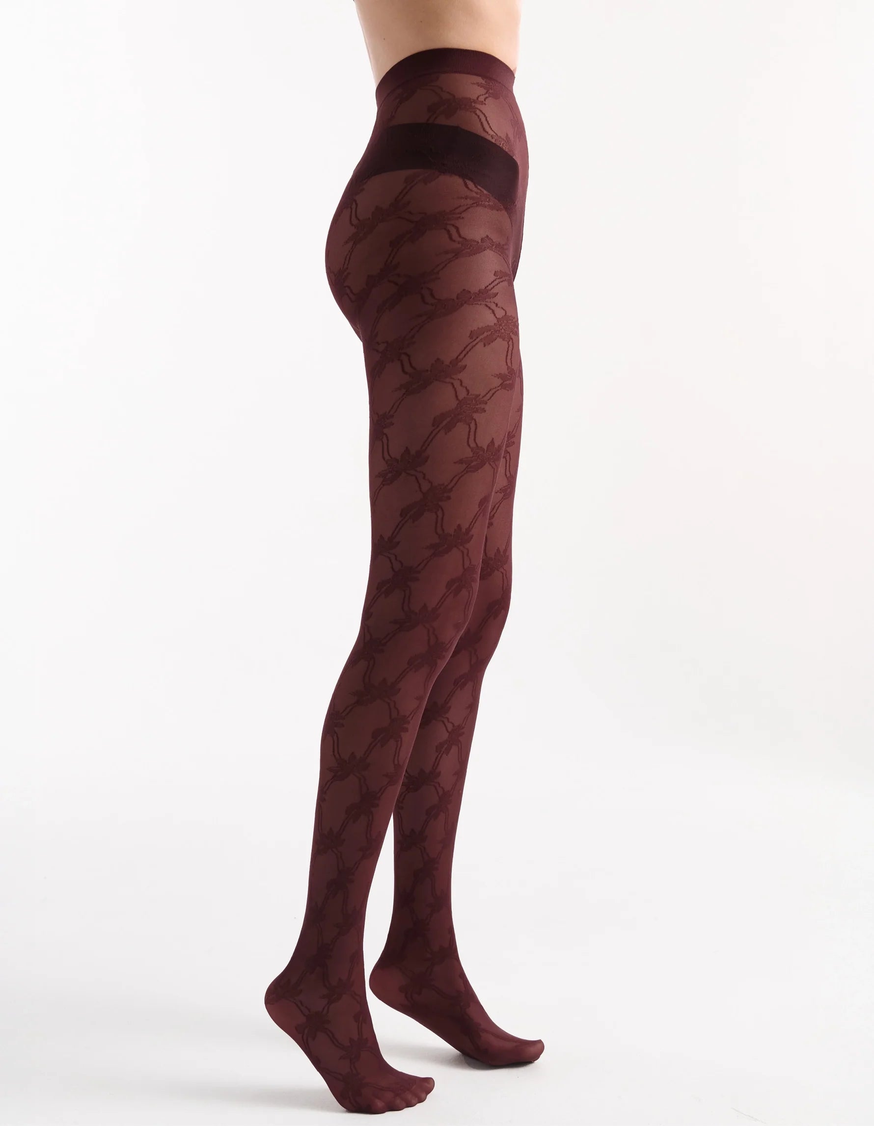 Annalisa Floral Tight maroon tights with brown deer pattern and black waistband
