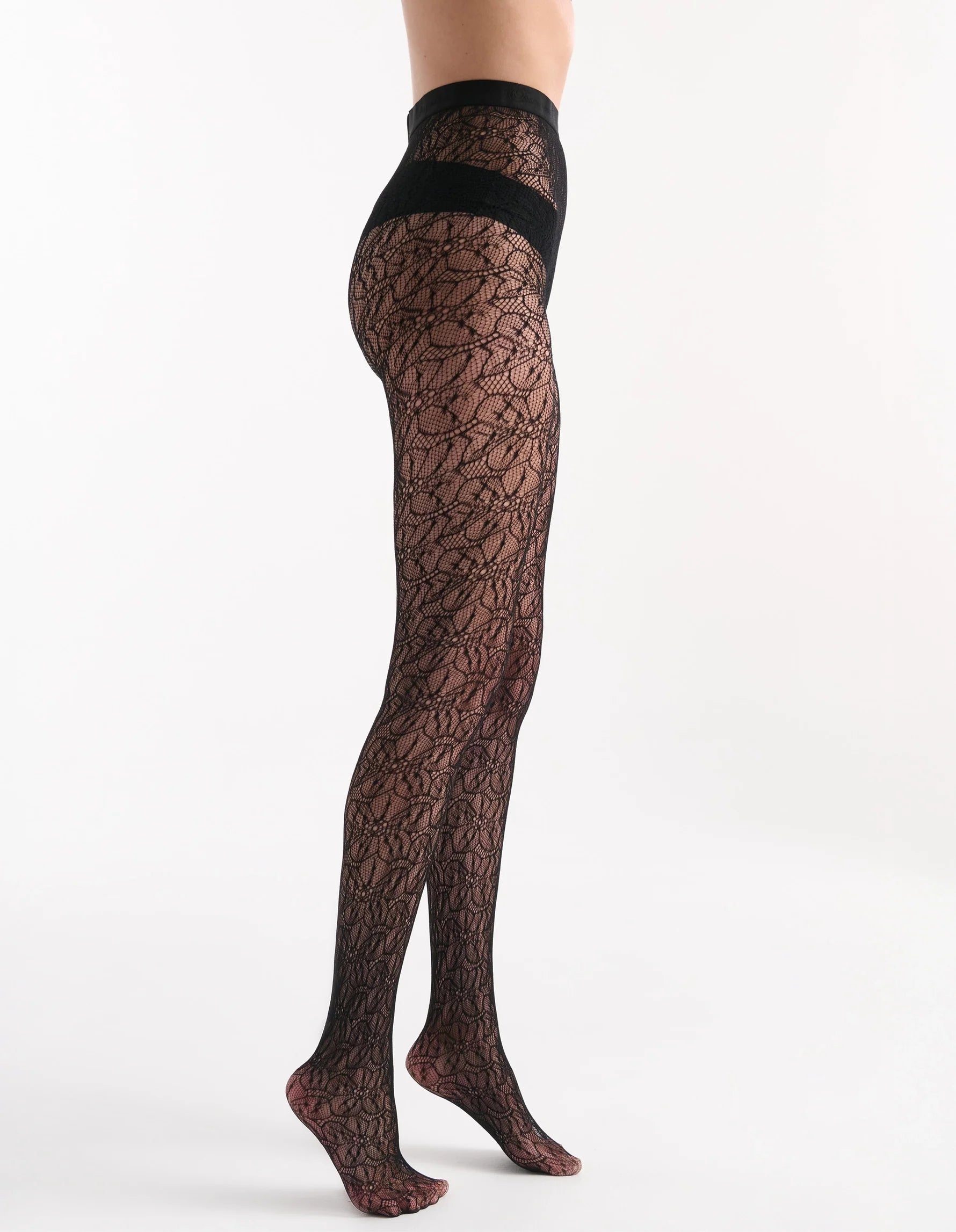 Aurora Floral Net Tights: black lace floral pattern tights with elastic waistband