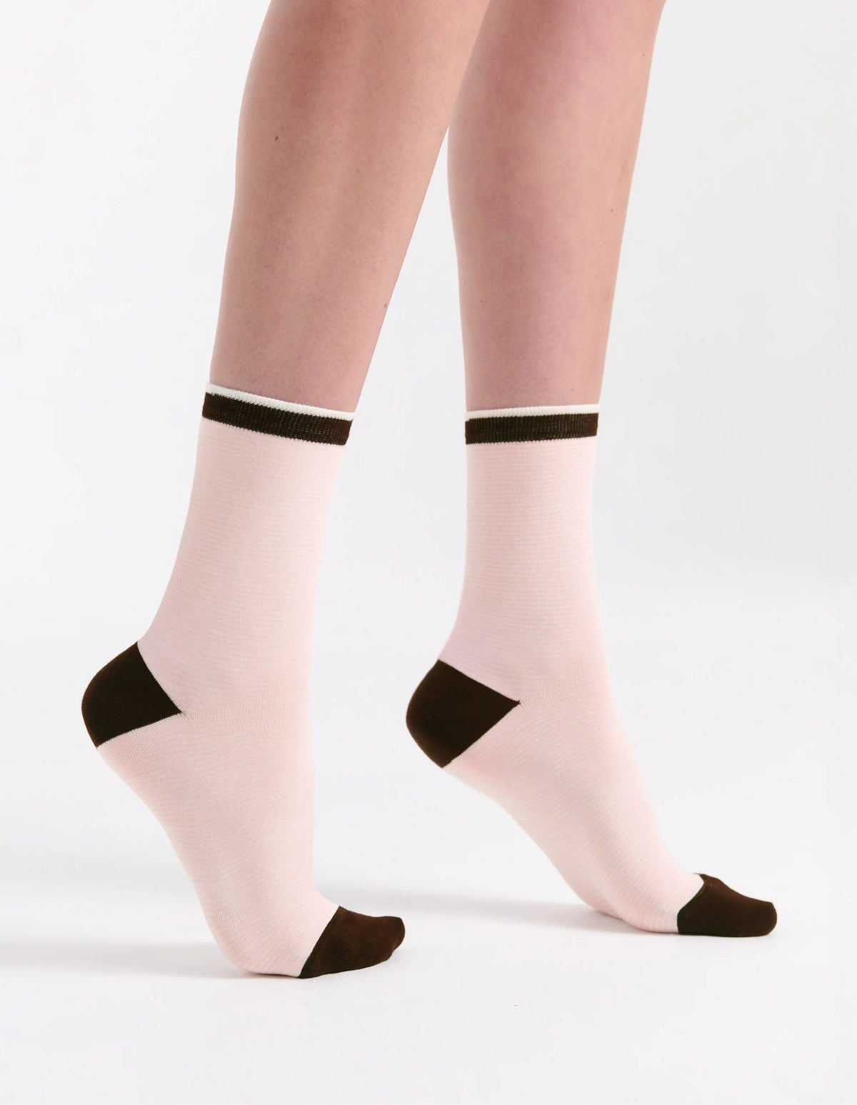 Lina Fine Stripe Crew Sock transparent pink ankle socks with black toe and heel and white ribbed top band