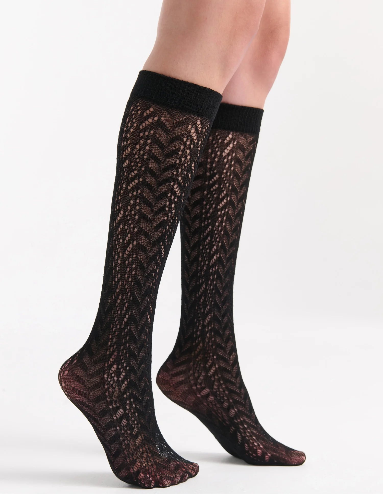 Ornella Rumi knee highs: black chevron lace with ribbed cuffs